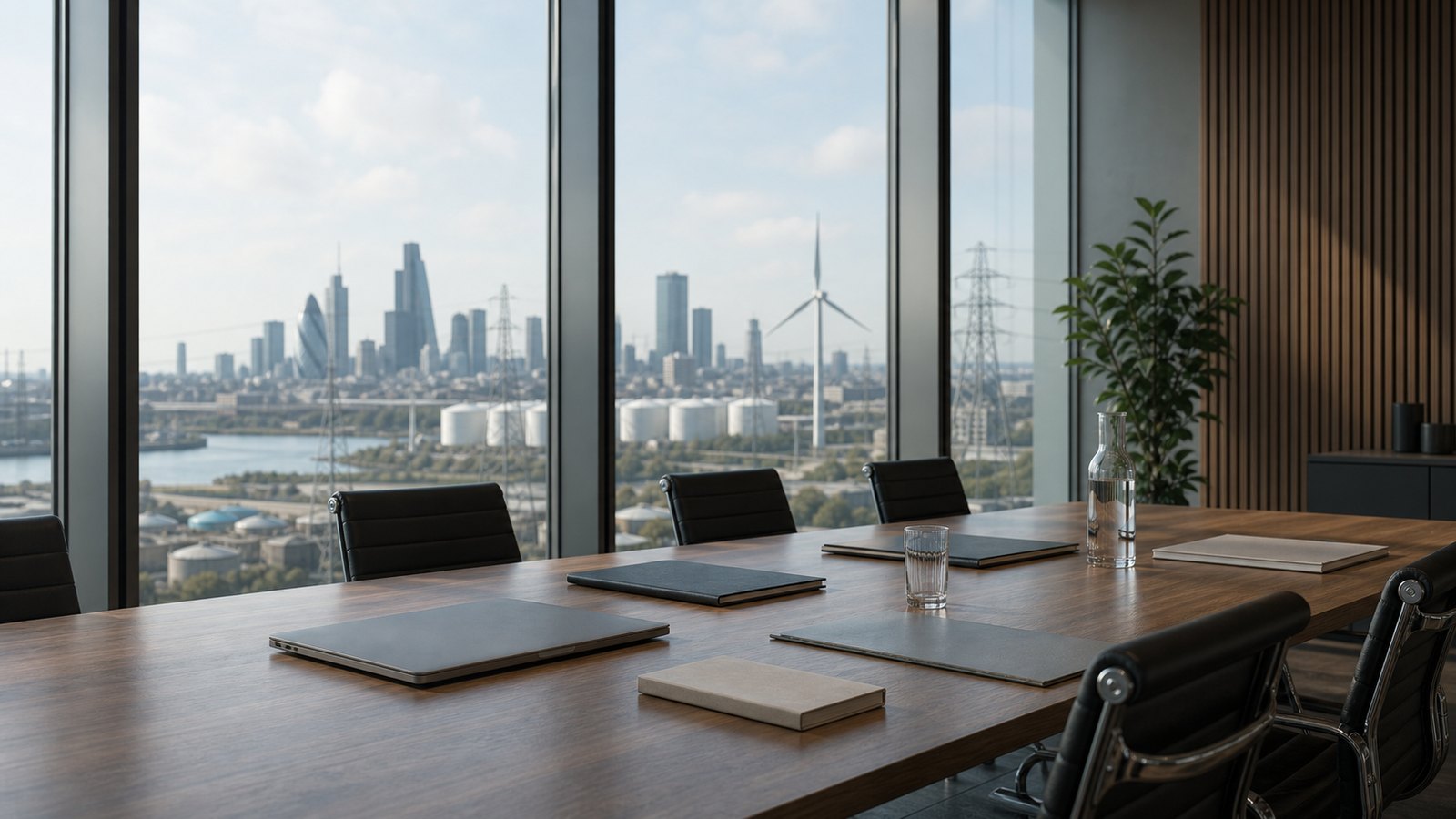 Boardroom overlooking London energy infrastructure